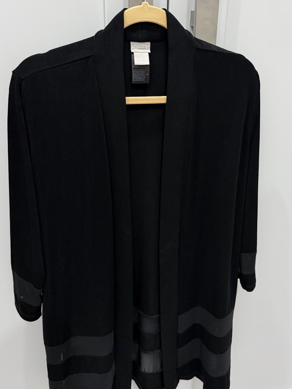 Chico's Black Open-Front Long Jacket with Sheer Stripe Detail